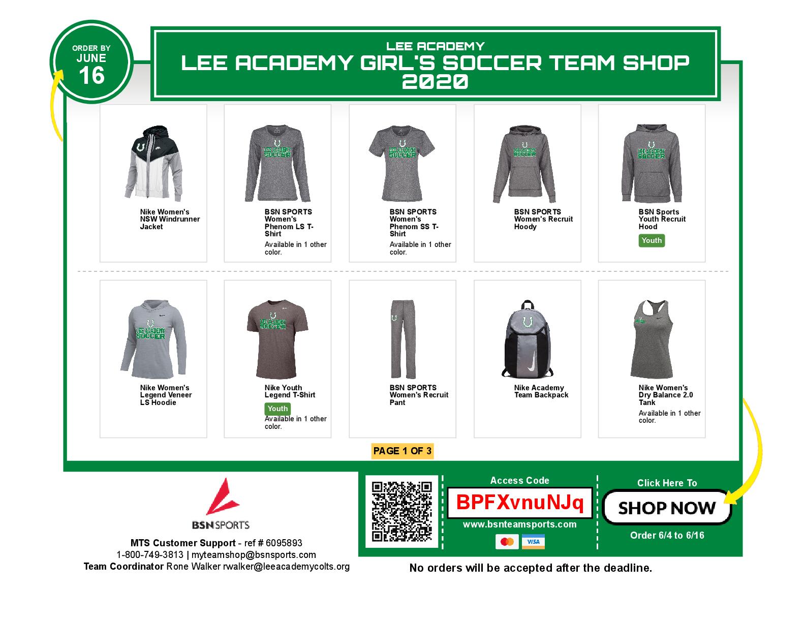 Lee Academy Girl's Soccer Team Shop 2020