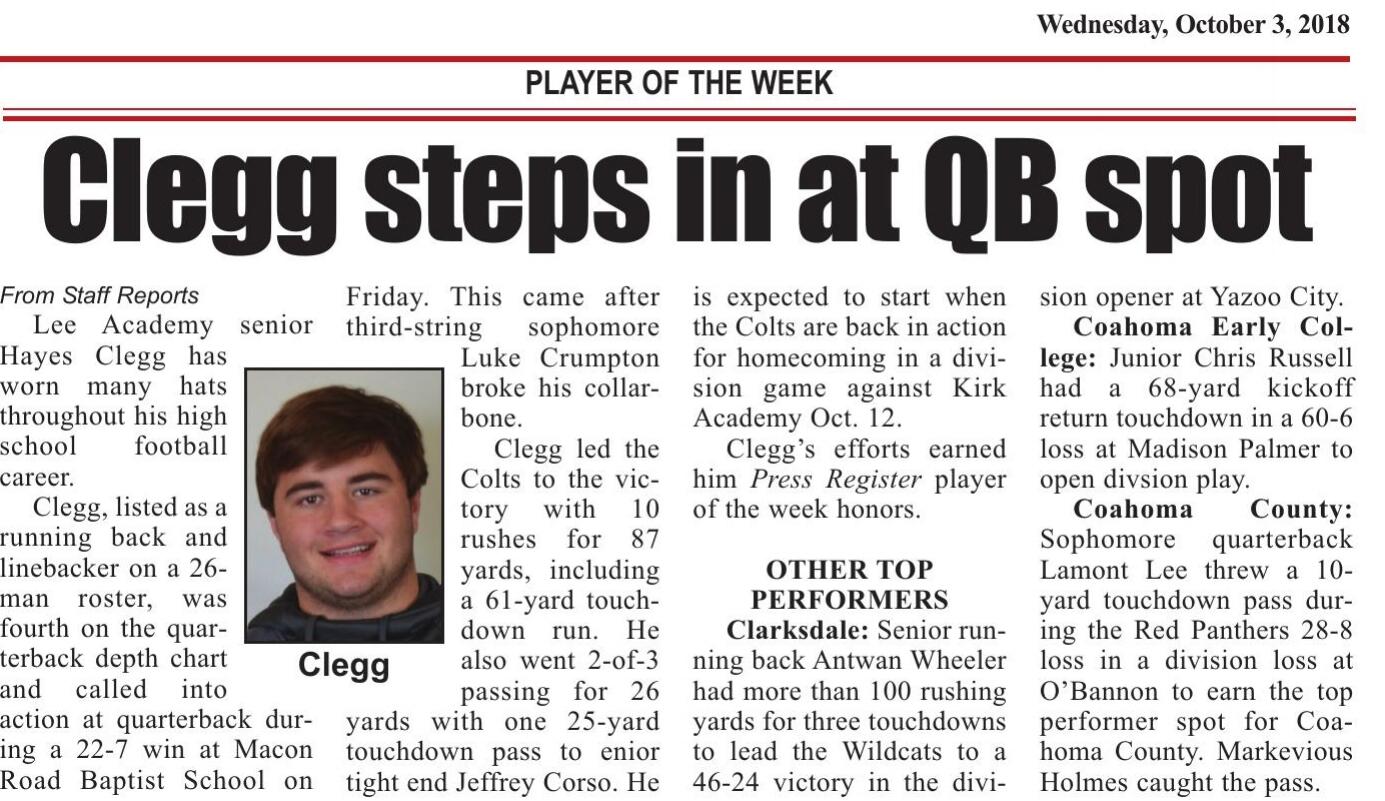 Hayes Clegg is Player of the Week