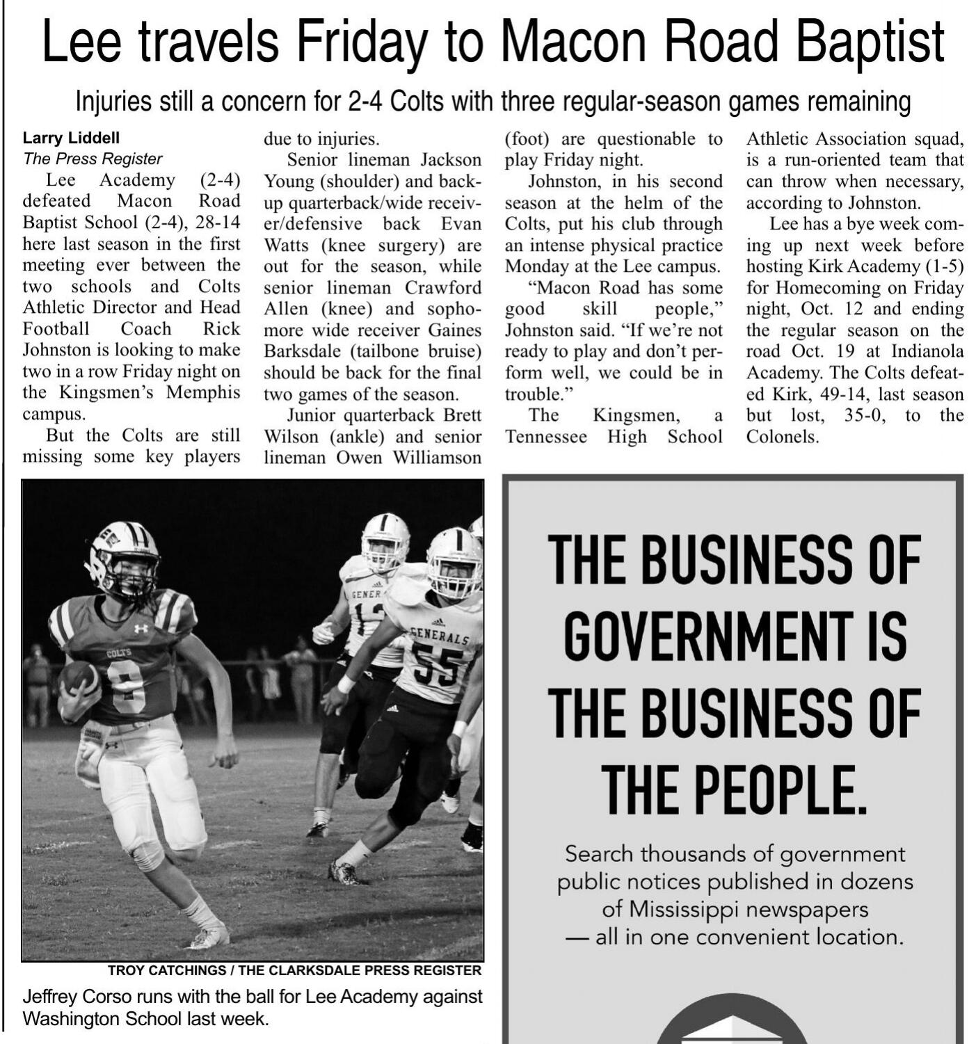 Lee travels to Macon Road Baptist this Friday